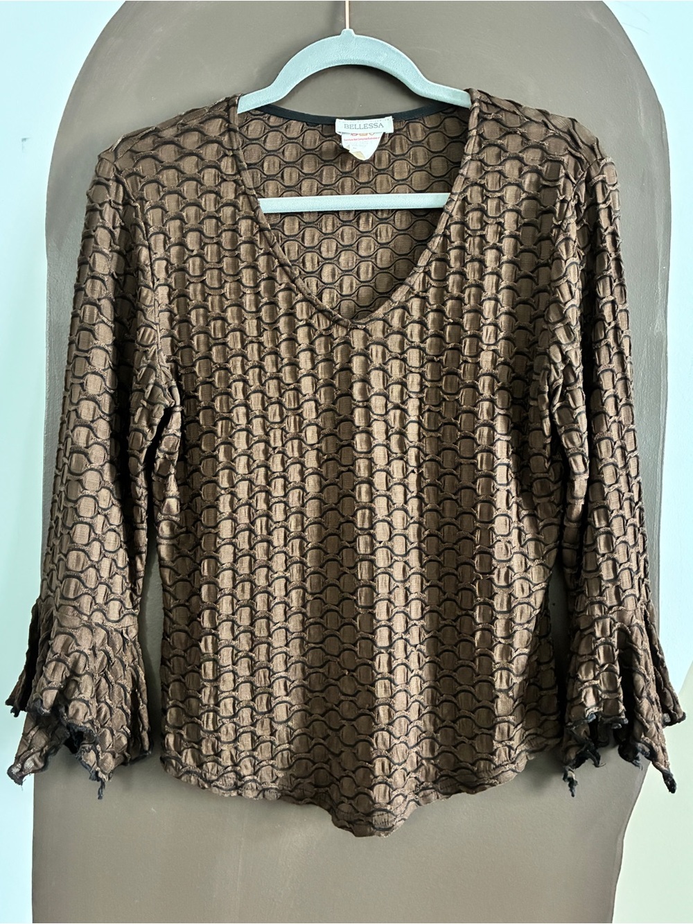Vintage Bellessa Brown Textured Bell Sleeve Blouse Y2K Size 8